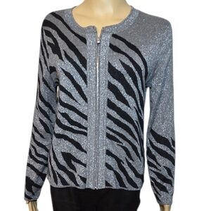 Jones New York Sweater Knit Cardigan Zebra Print Zip Silver Black Womens Size PM